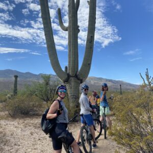 Three people riding mountain bikes in front of a huge cactus.