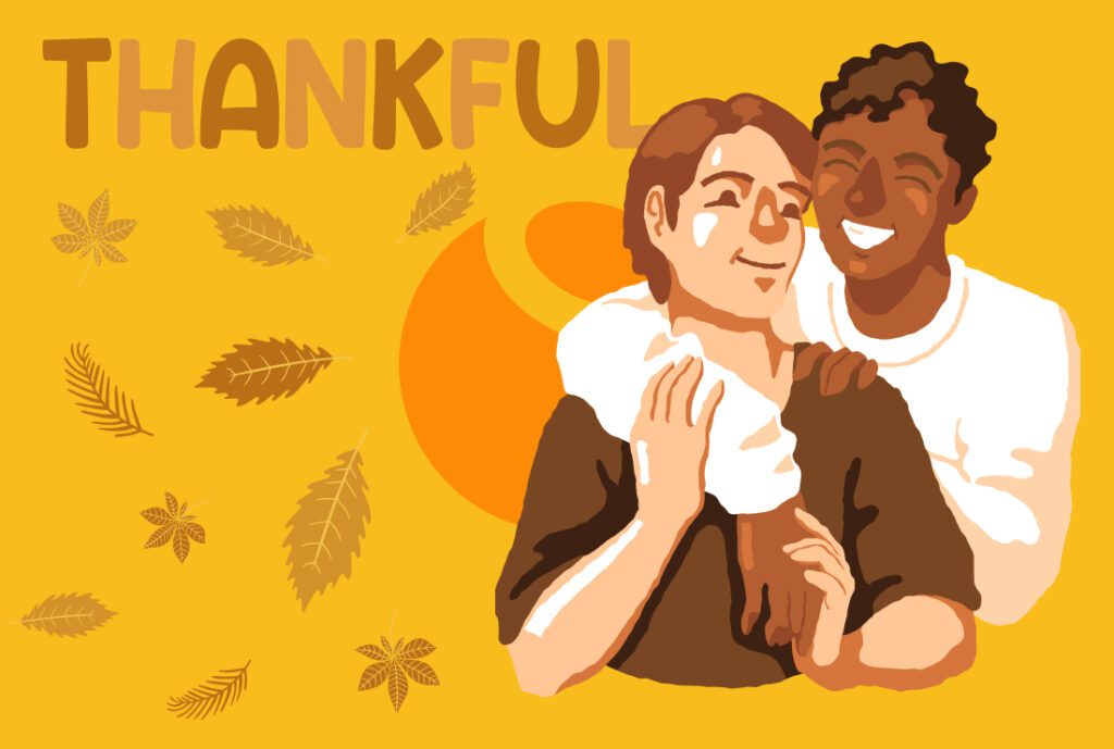 drawing of two people embracing in front of a sign that says THANKFUL.